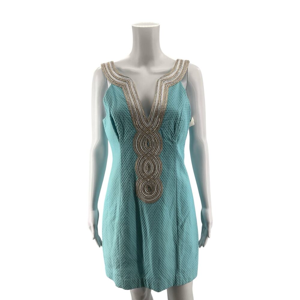 Lilly Pulitzer Kenzie Dress Size 6 Resort Aqua Gold Beaded V-Neck Mini - Picture 3 of 8